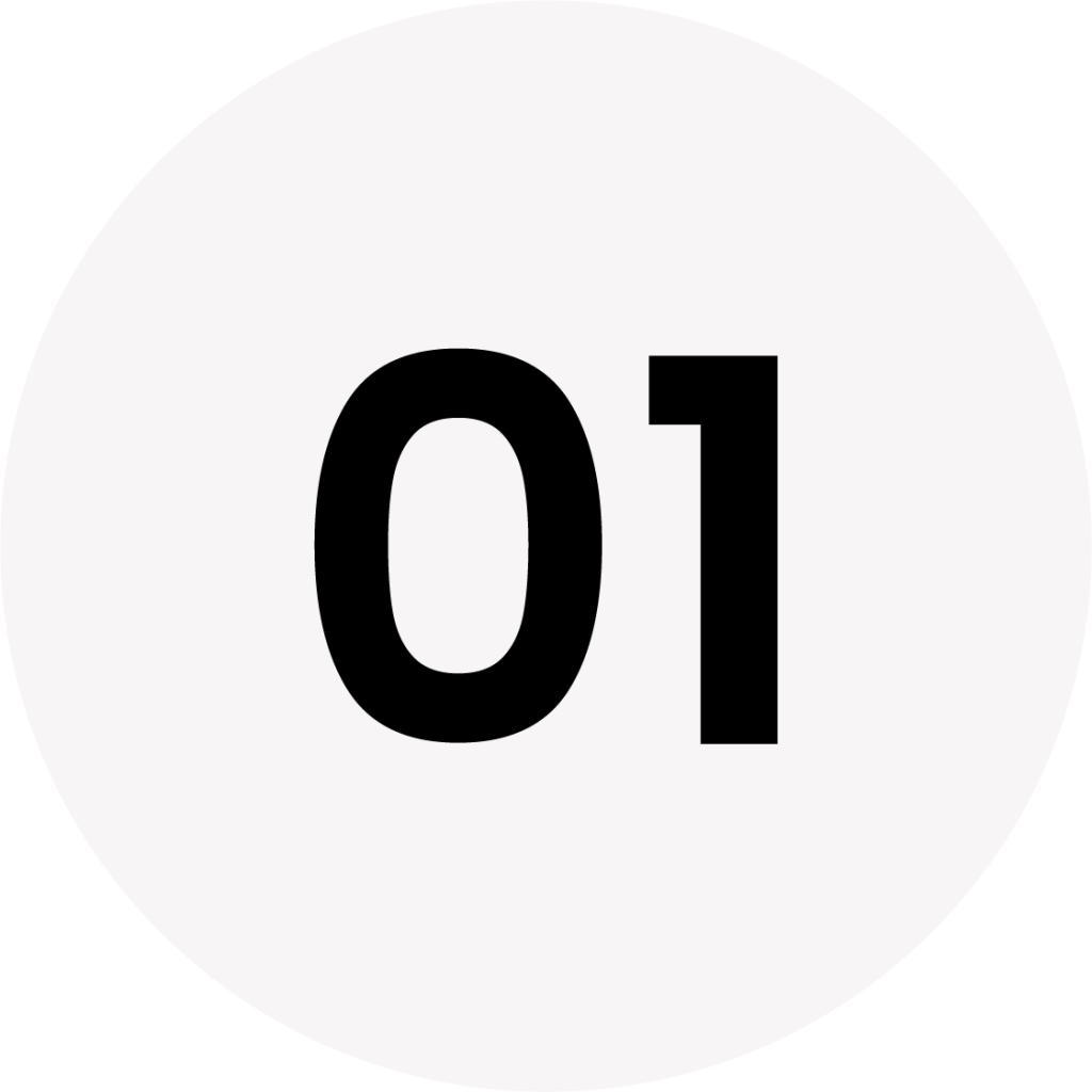 Grafisches Element: Ein hellgrauer Kreis mit der schwarzen Ziffer 01, genutzt für Aufzählungen oder Schritt-für-Schritt-Anleitungen.